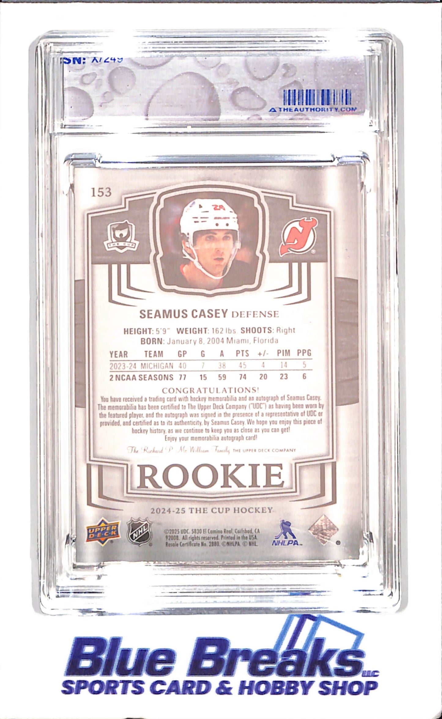 2024-25 The Cup - Seamus Casey - Base Set Rookie Auto Patch Encased - 155/249 - New Jersey Devils - Hockey - #153 - drop