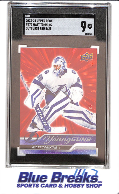 2023-24 Upper Deck - Matt Tomkins - Young Guns - Outburst Red - 5/25 - SGC 9 - Tampa Bay Lightning - Hockey - #470 - drop