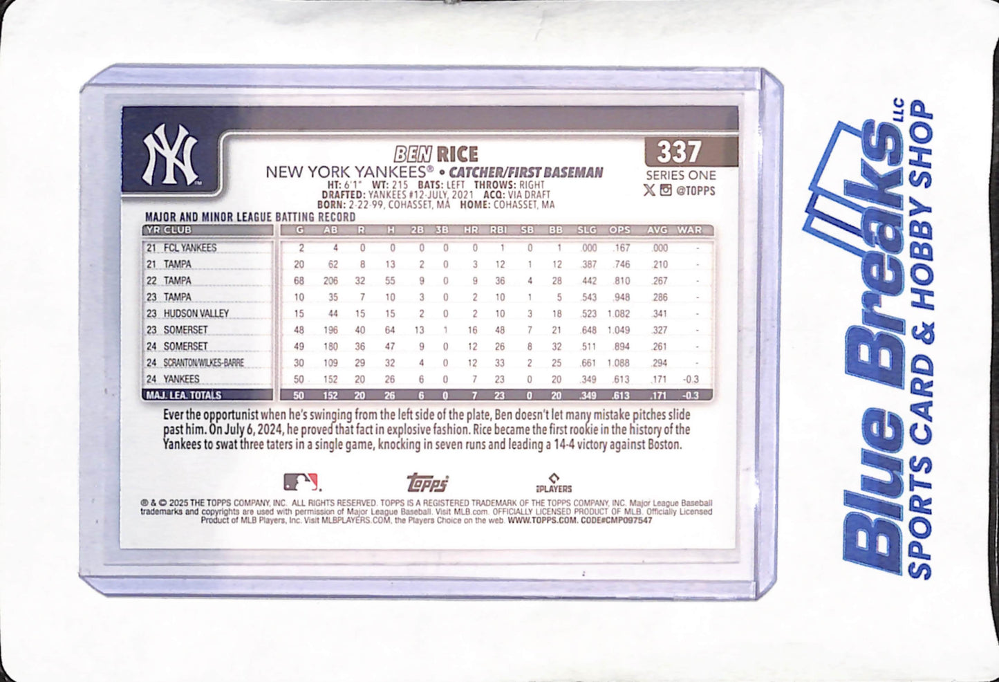 2025 Topps - Ben Rice - Glitter Refractor - RC - New York Yankees - Baseball - #377
