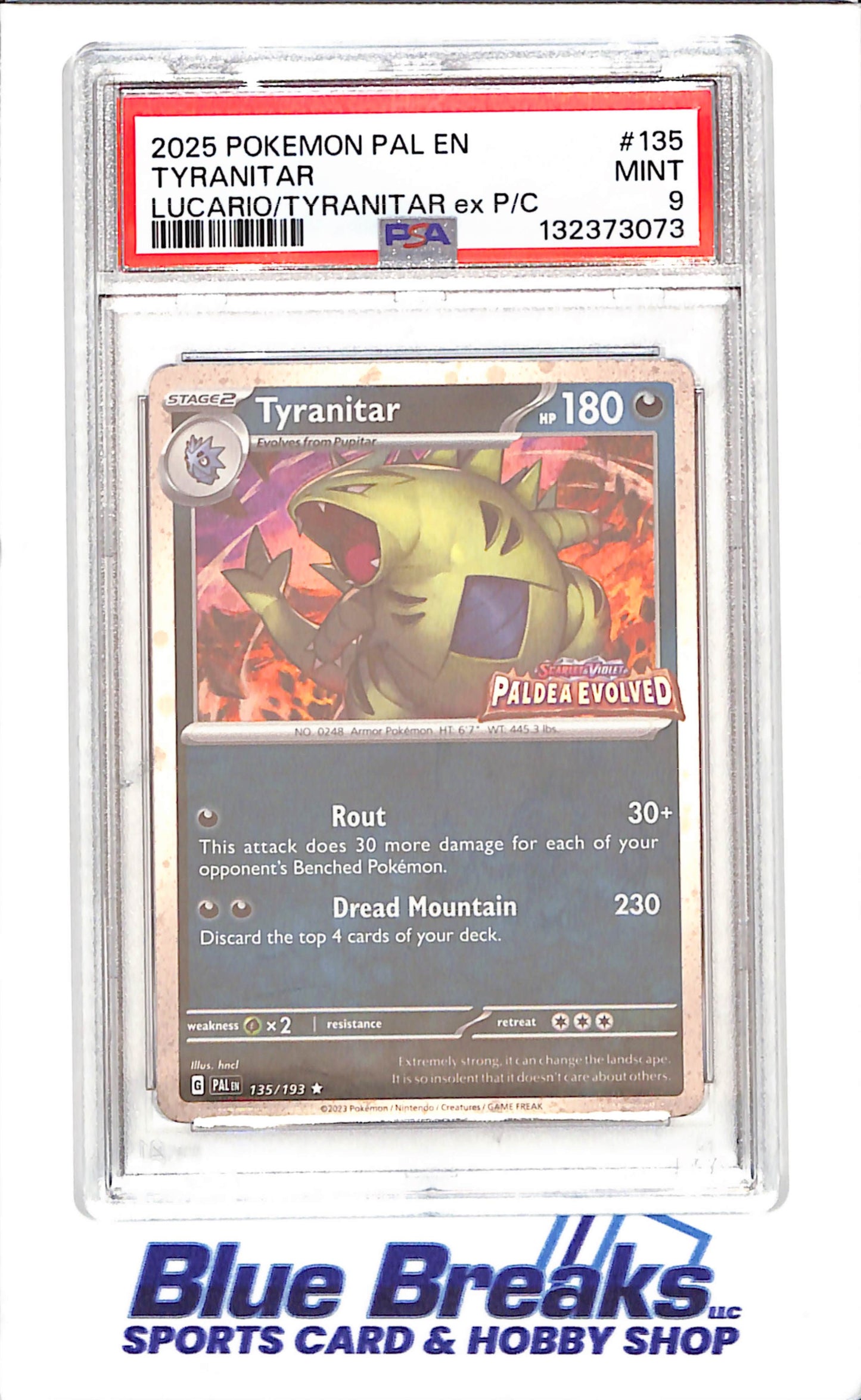 2025 Pokemon - Tyranitar - Lucario/Tyranitar ex P/C - Paldea Evolved - PSA 9 - 135/193 - drop
