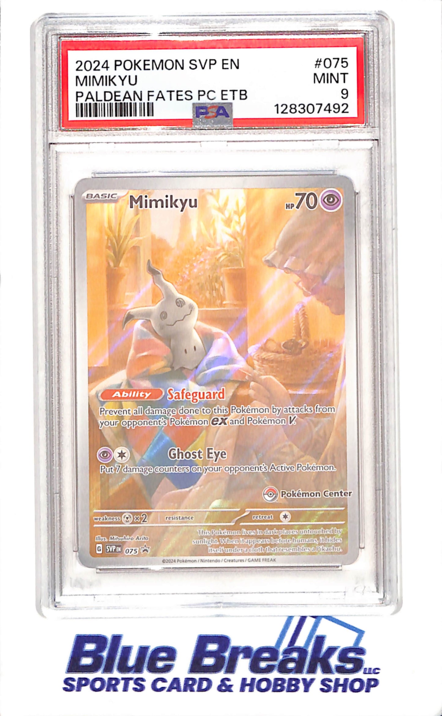 2024 Pokemon - Mimikyu - Paldean Fates - Pokemon Center Elite Trainer Box Promo - PSA 9 - 075 - drop