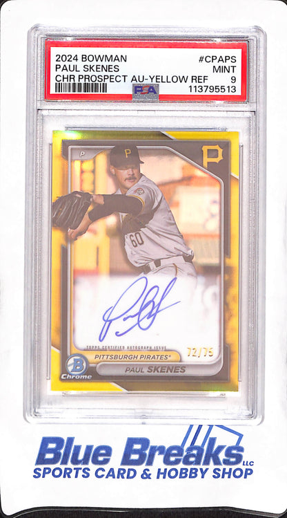 2024 Bowman - Paul Skenes - Chrome Prospects Yellow Refractor - Autograph - Pittsburgh Pirates - Baseball -  PSA Mint 9 - #CPAPS