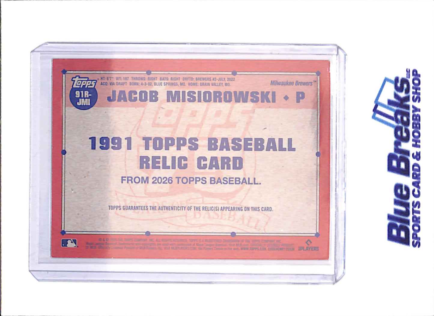 2026 Topps - Jacob Misiorowski - 1991 Topps Baseball Relic Card - RC - Milwaukee Brewers - Baseball - #91R-JMI - drop