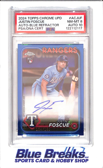 2024 Topps Justin Chrome Update - Justin Foscue - Blue Auto Refractor - 104/150 - RC - PSA/DNA 8/Auto 10 - Texas Rangers - Baseball - #AC-JUF - drop