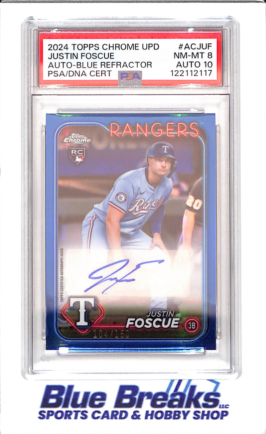 2024 Topps Justin Chrome Update - Justin Foscue - Blue Auto Refractor - 104/150 - RC - PSA/DNA 8/Auto 10 - Texas Rangers - Baseball - #AC-JUF