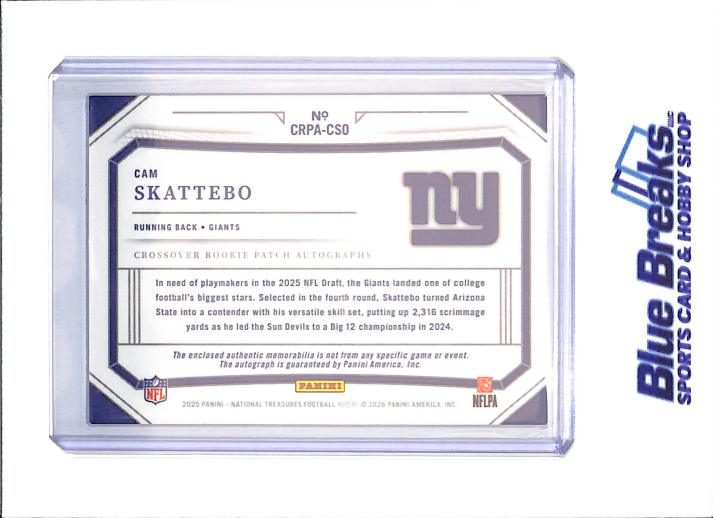 2025 Panini National Treasures - Cam Skattebo - Crossover Rookie Patch Autographs - 31/99 - New York Giants - Football - #CRPA-CSO - drop