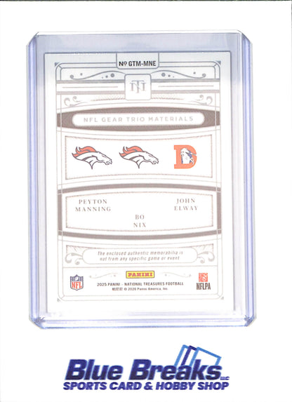 2025 Panini National Treasures - Peyton Manning - Bo Nix - John Elway - NFL Gear Trio Materials - 11/25 - Denver Broncos - Football - #GTM-MNE - drop