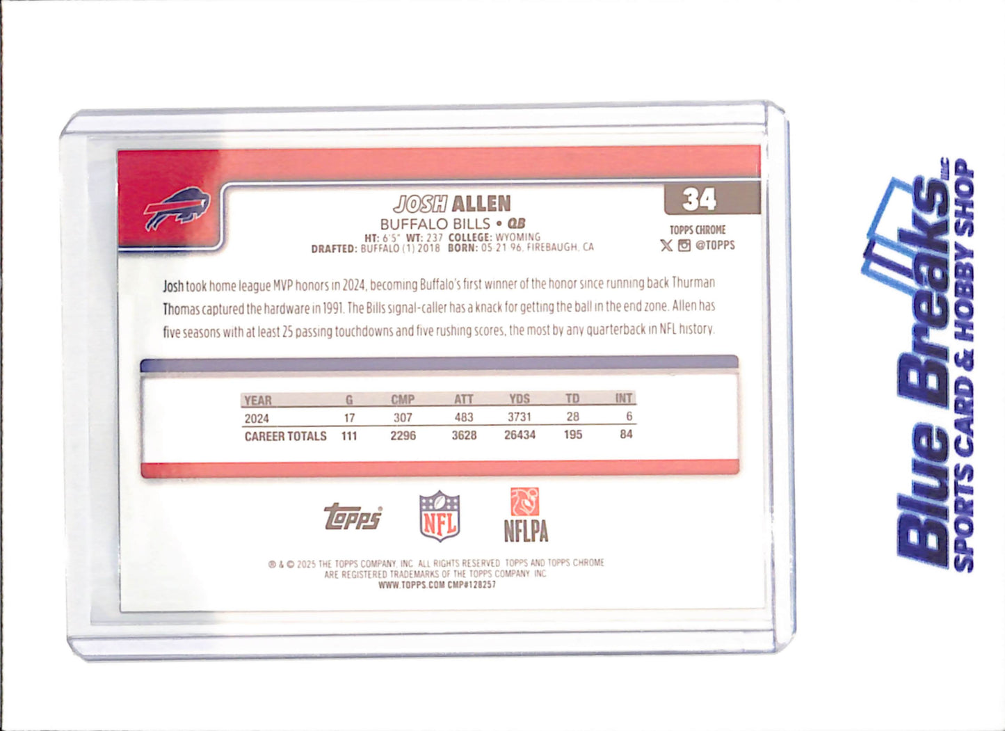 2025 Topps Chrome Sapphire - Josh Allen - 8/50 - Buffalo Bills - Football - #34 - drop