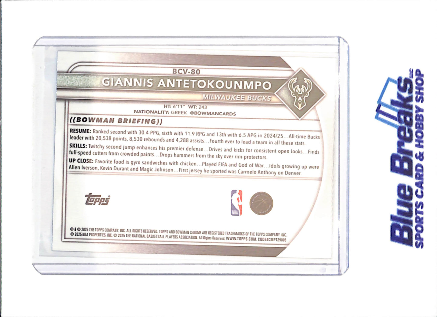 2025 Bowman Chrome Sapphire - Giannis Antetokounmpo - Milwaukee Bucks - Basketball - #BCV-80 - drop