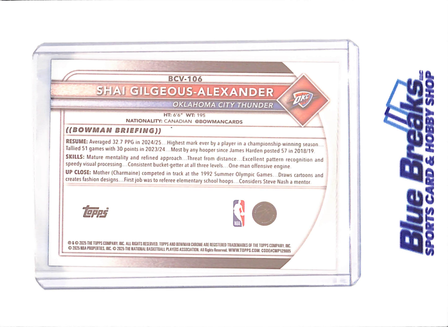 2025 Bowman Chrome Sapphire - Shai Gilgeous-Alexander - Oklahoma Thunder - Basketball - #BCV-106 - drop