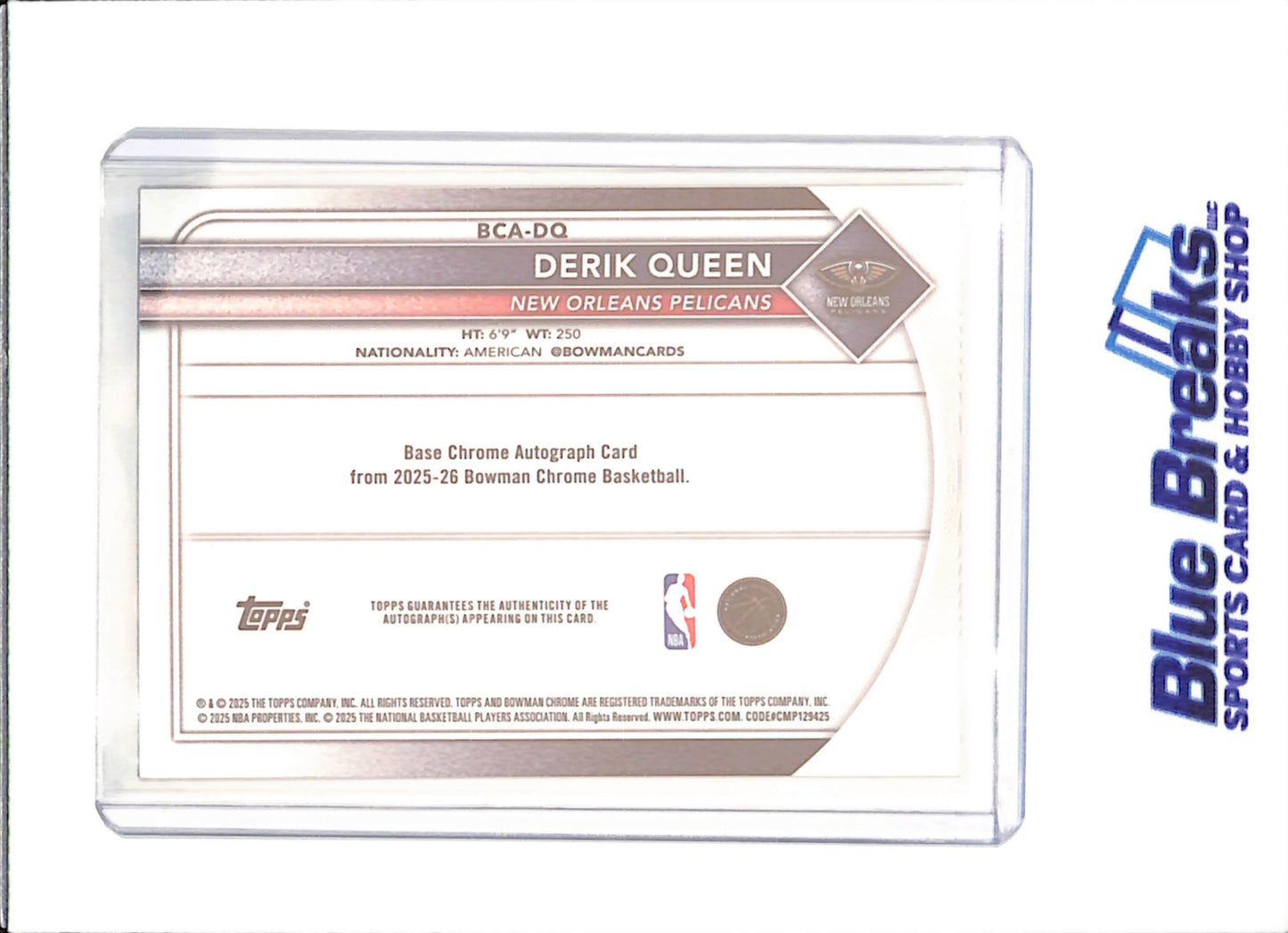 2025 Bowman Chrome Sapphire - Derik Queen - Autograph - 26/50 - RC - New Orleans Pelicans - Basketball - #BCA-DQ - drop