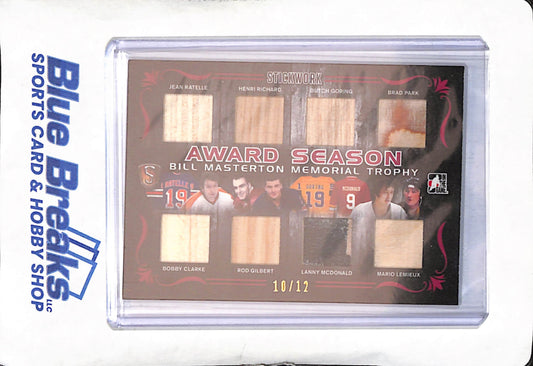 2014 Leaf In The Game StickWork - Award Season - Bill Masterson Memorial Trophy - Jean Ratelle - Henri Richard - Butch Goring - Brad Park - Bobby Clarke - Rod Gilbert - Lenny McDonald - Mario Lemieux - Relic - Hockey - 10/12 - #AS-12