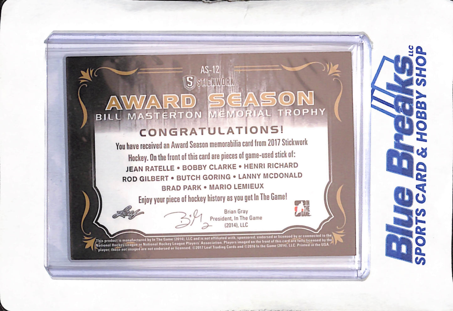 2014 Leaf In The Game StickWork - Award Season - Bill Masterson Memorial Trophy - Jean Ratelle - Henri Richard - Butch Goring - Brad Park - Bobby Clarke - Rod Gilbert - Lenny McDonald - Mario Lemieux - Relic - Hockey - 10/12 - #AS-12