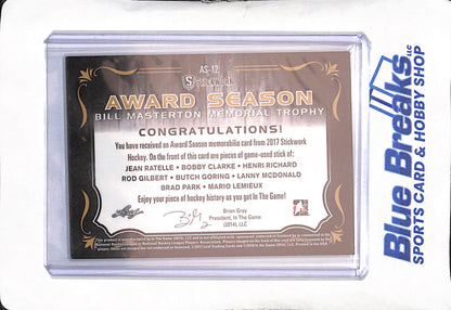 2014 Leaf In The Game StickWork - Award Season - Bill Masterson Memorial Trophy - Jean Ratelle - Henri Richard - Butch Goring - Brad Park - Bobby Clarke - Rod Gilbert - Lenny McDonald - Mario Lemieux - Relic - Hockey - 10/12 - #AS-12
