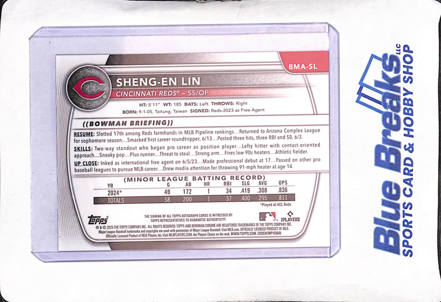 2025 Bowman Chrome - Sheng-En Lin - Purple Mojo Autograph - Cincinnati Reds - Baseball - 92/199 - BMA-SL