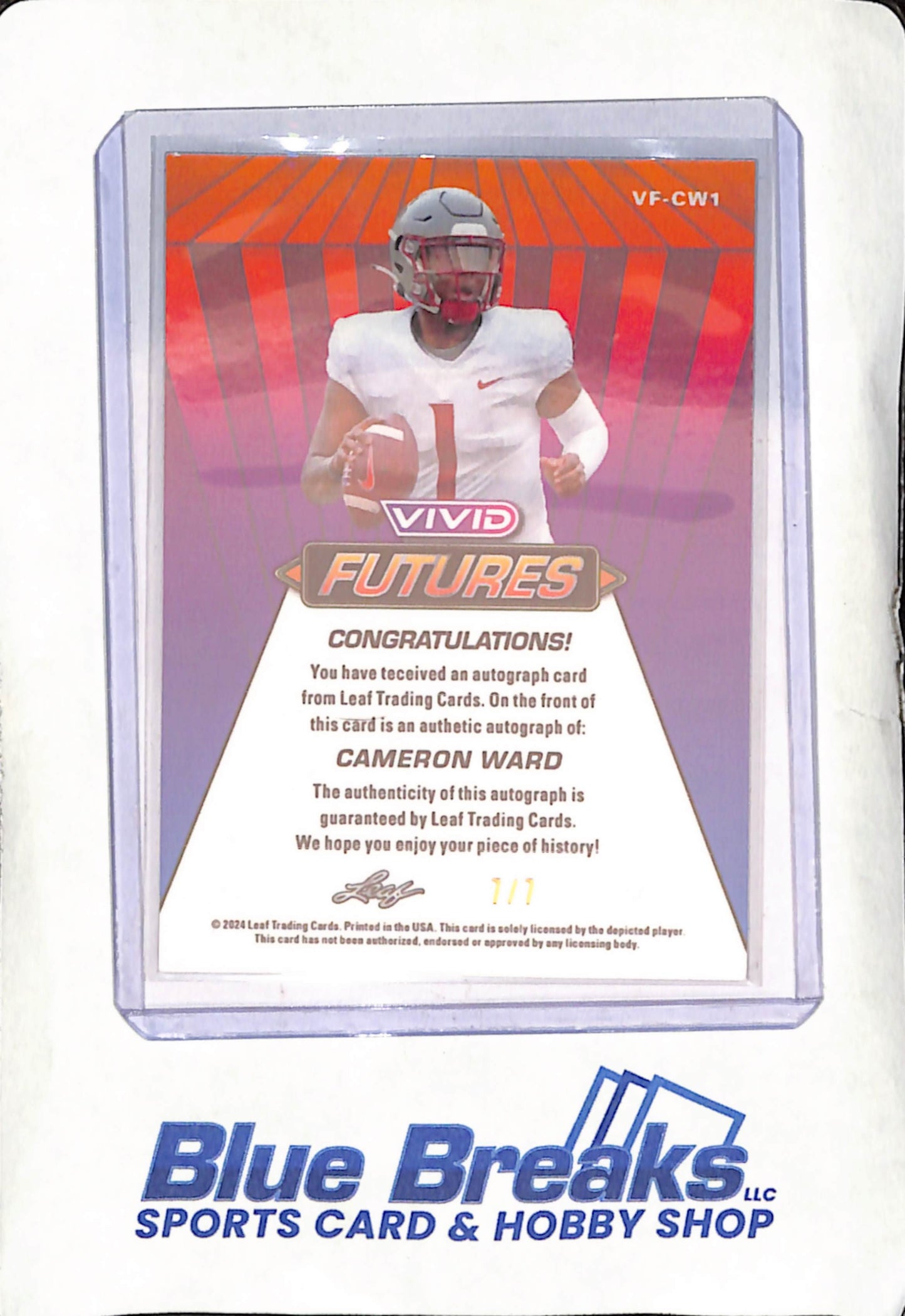 2024 Leaf Vivid - Cameron Ward - Futures Autograph - 7/7 - Tennessee Titans - Football - 7/7 - #VF-CW1