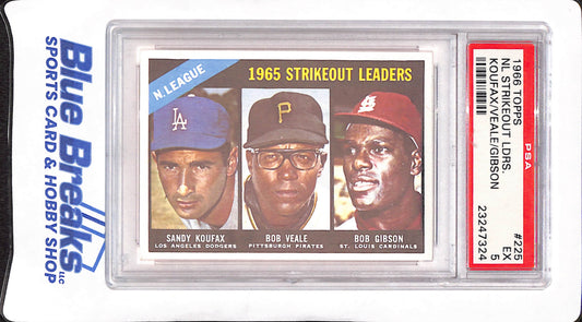1966 Topps - Sandy Koufax - Bob Veale - Bob Gibson - Los Angeles Dodgers - Pittsburgh Pirates - St Louis Cardinals - NL Strikeout Leaders - PSA 5 - #225