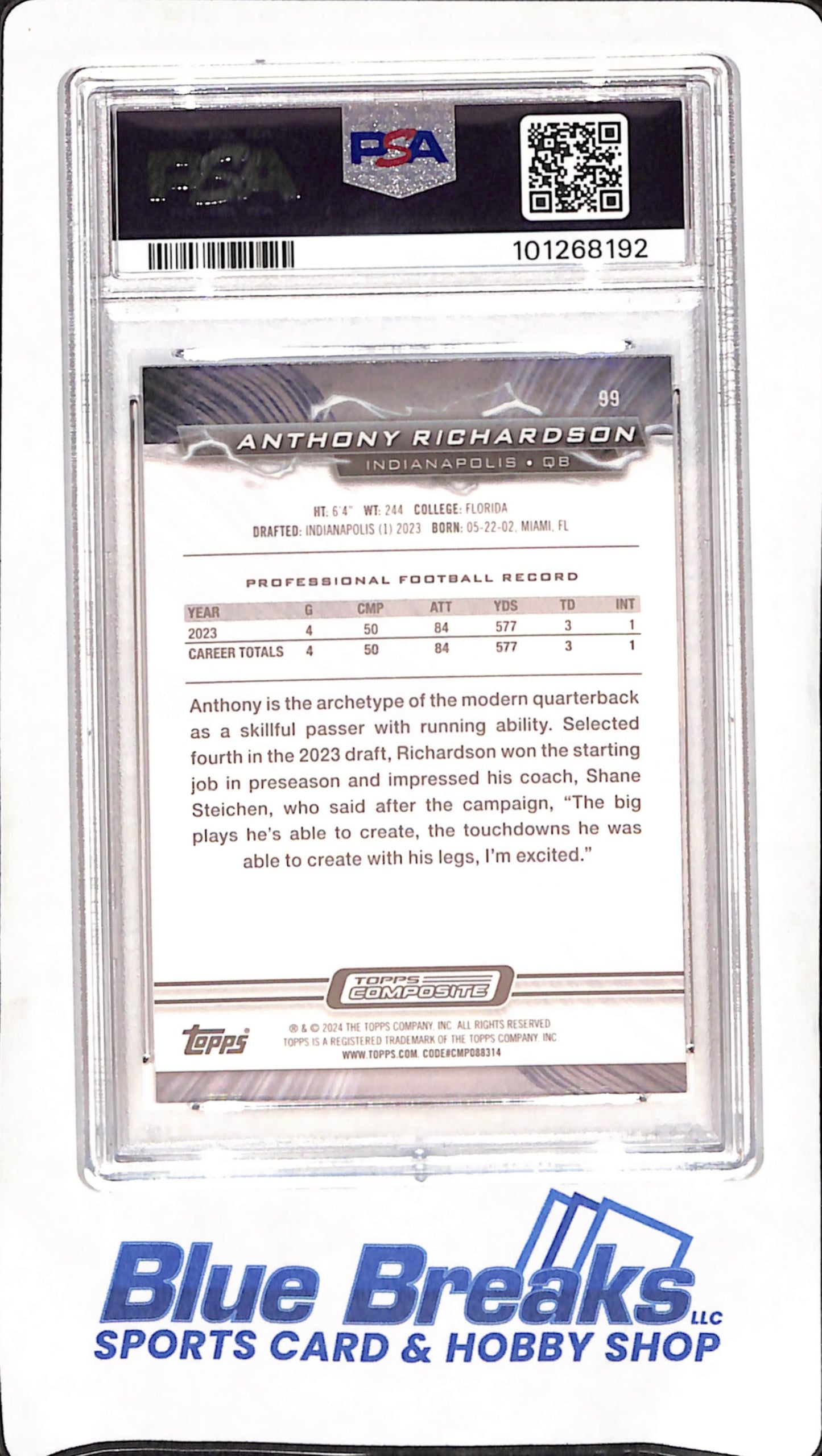 2023 Topps Composite - Sky Blue and Pink Shock - Anthony Richardson - RC - #99 - Football - PSA 9 - Colts