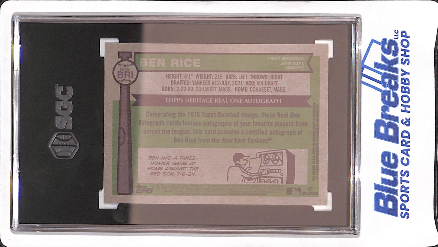 2025 Topps Heritage - Real One  - Ben Rice - Auto - RC - #ROA-BRI - Baseball - SGC 10 10 - Yankees