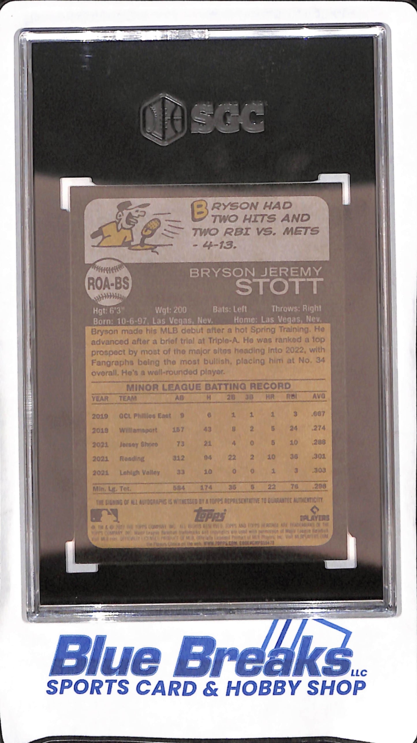 2022 Topps Heritage - Bryson Stott - Autograph RC - Philadelphia Phillies - Baseball - SGC 10/10 - #ROA-BS