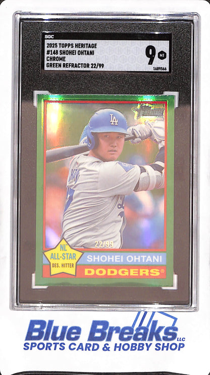 2025 Topps Heritage - Shohei Ohtani - Green Chrome Refractor - 22/99 - Los Angeles Dodgers - Baseball - SGC 9 - #148