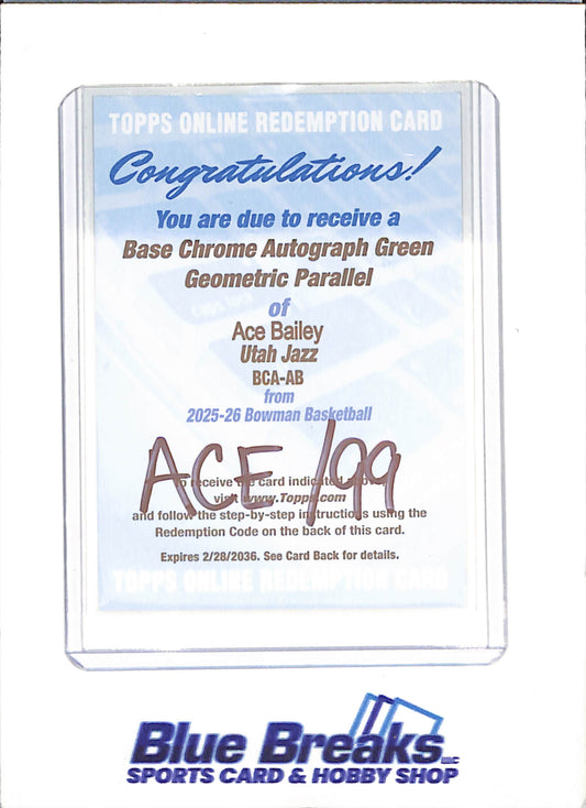 2025-26 Bowman Chrome - Ace Bailey - Base Chrome Autograph Green Geometric Parallel Redemption - /99 -  Utah Jazz - Basketball