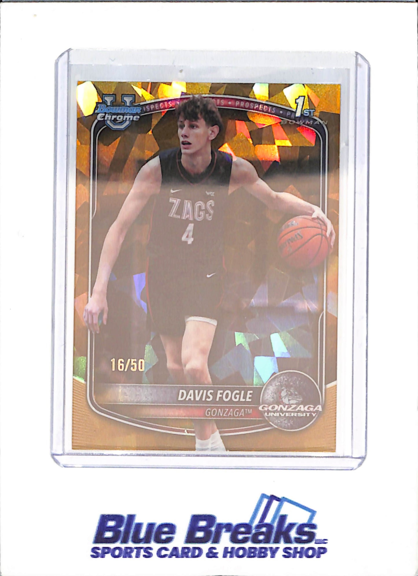 2025-26 Bowman U Chrome Sapphire - Davis Fogle - 1st Bowman - 16/50 - Gold - Gonzaga University - Basketball - #BCP-47