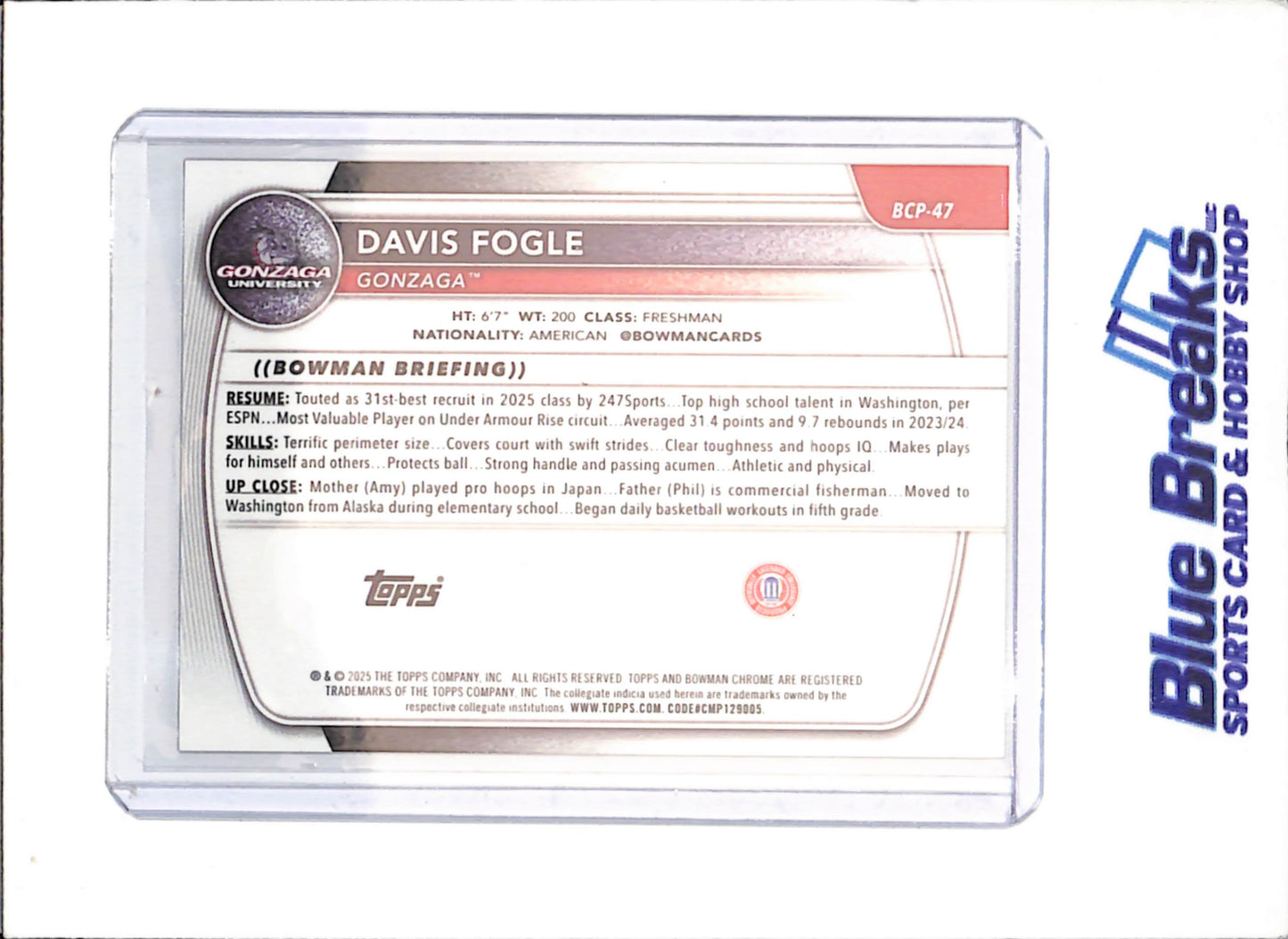 2025-26 Bowman U Chrome Sapphire - Davis Fogle - 1st Bowman - 16/50 - Gold - Gonzaga University - Basketball - #BCP-47