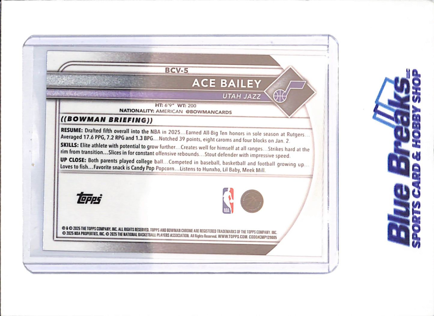 2025-26 Bowman Chrome Sapphire - Ace Bailey - RC - Utah Jazz - Basketball - #BCV-5