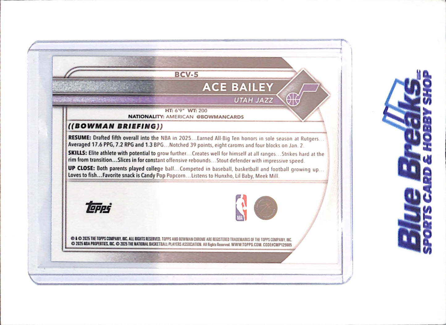 2025-26 Bowman Chrome Sapphire - Ace Bailey - RC - Utah Jazz - Basketball - #BCV-5