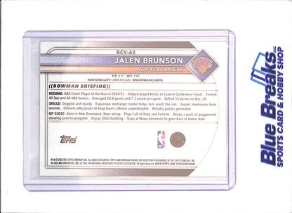 2025-26 Bowman Chrome - Jalen Brunson - 20/150 - Blue Reptilian - New York Knicks - Basketball - #BCV-62