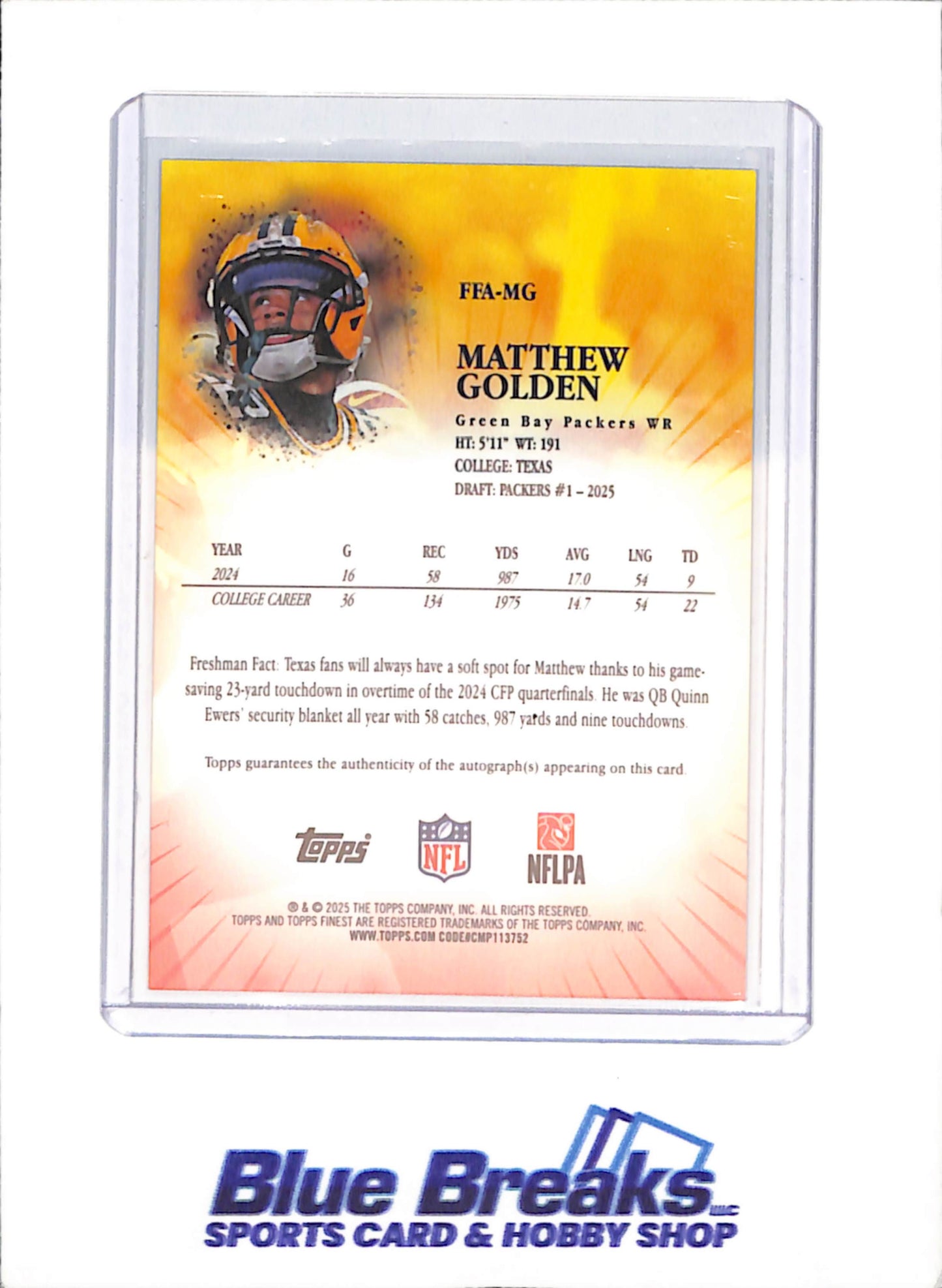 2025 Topps Finest - Matthew Golden - Freshman Autograph - RC - Green Bay Packers - Football - #FFA-MG