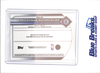 2025-26 Bowman Chrome - Yanic Konan-Niederhauser - Purple Autograph - RC - 63/250 - Los Angeles Clippers - Basketball - #BCA-YK