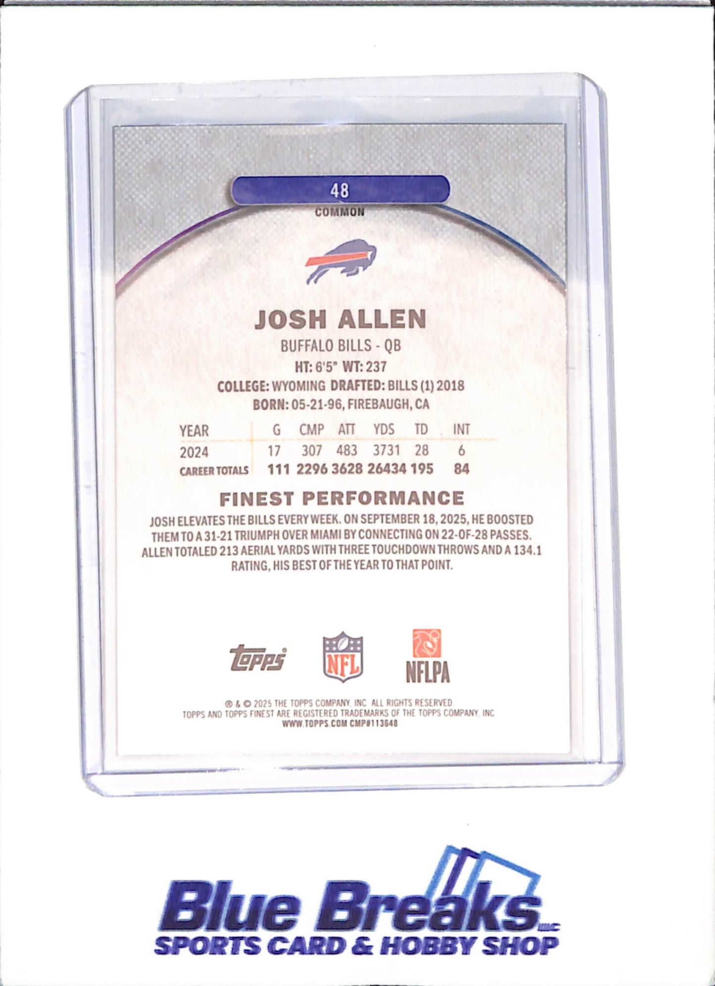 2025 Topps Finest - Josh Allen - Purple Geometric - 134/150 - Buffalo Bills - Football - #48