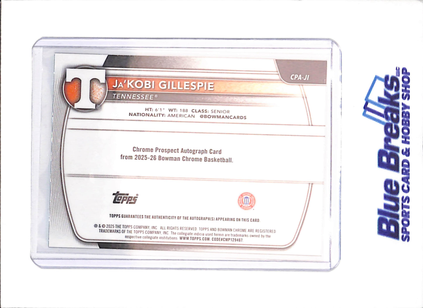 2025-26 Bowman U Chrome - Ja'Kobi Gillespie - 1st Bowman Green Geometric Autograph - 28/99 - Tennessee - Basketball - #CPA-JI