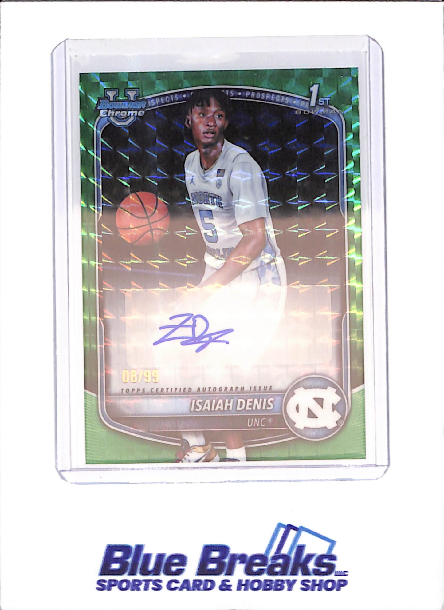 2025-26 Bowman U Chrome - Isaiah Dennis - 1st Bowman Green Geometric Autograph - 8/99 - University of North Carolina - Basketball - #CPA-ID