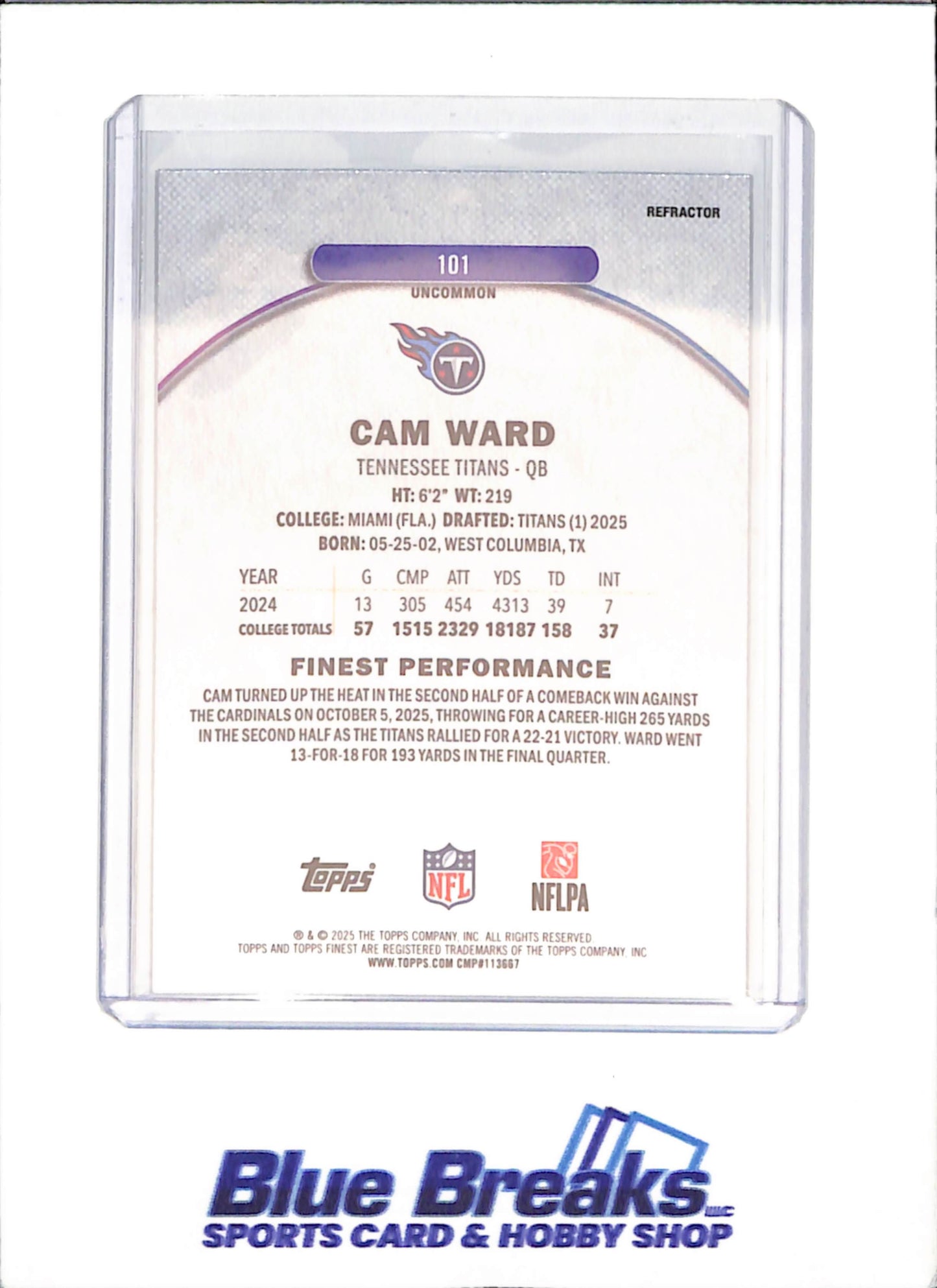 2025 Topps Finest - Cam Ward - RC - Refractor - Tennessee Titans - Football - #101
