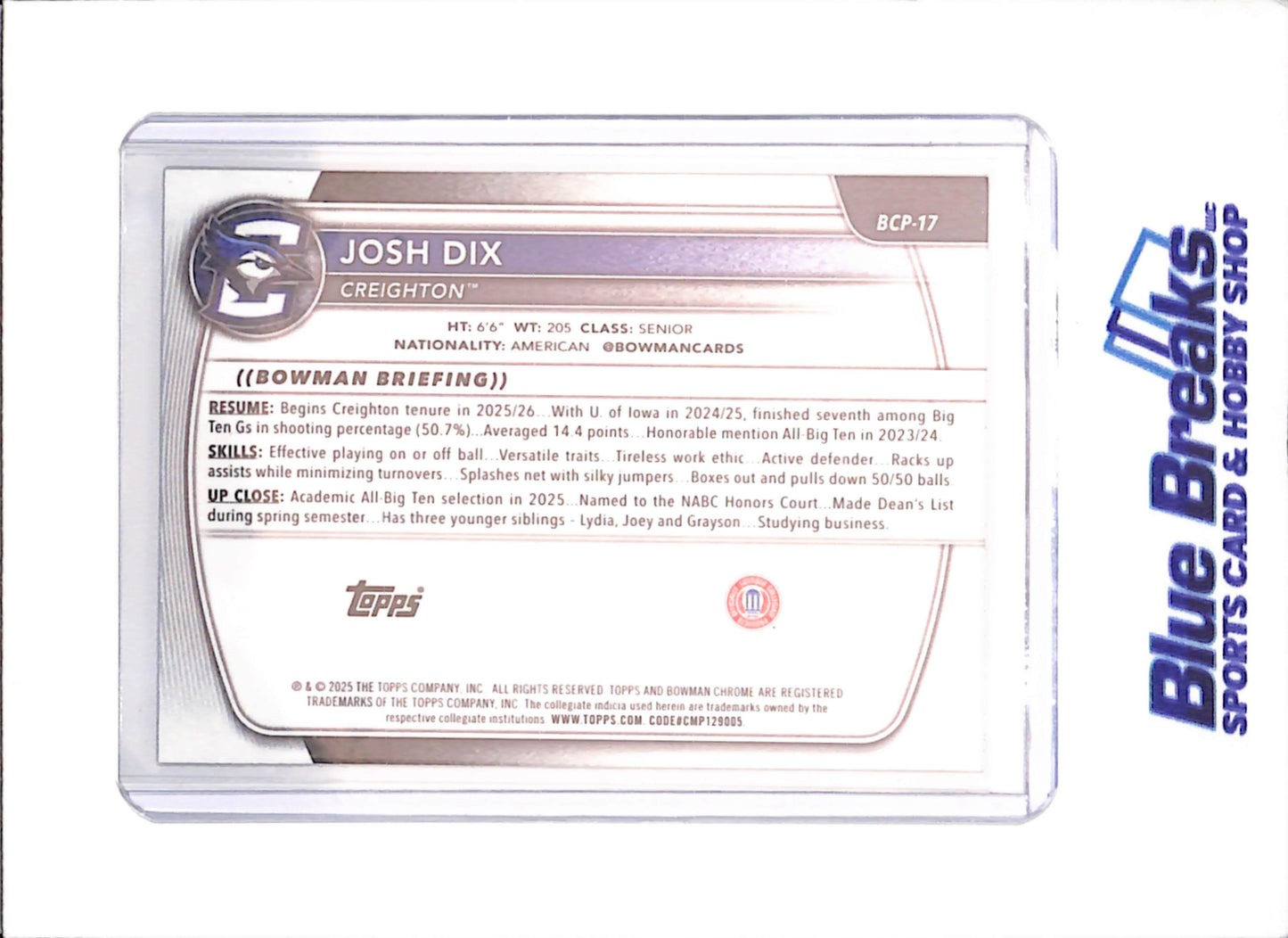 2025-26 Bowman U Chrome - Josh Dix - 1st Bowman Floorboard Refractor - 108/125 - Creighton - Basketball - #BCP-17