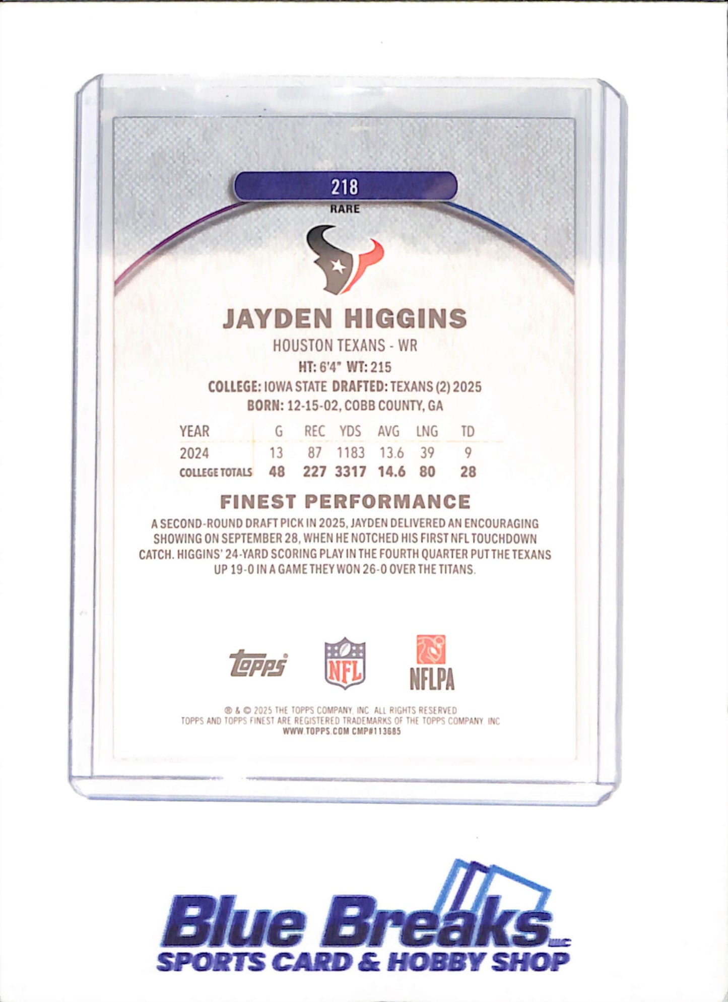 2025 Topps Finest - Jayden Higgins - Black Geometric - RC - 10/10 - Houston Texans - Football - #218