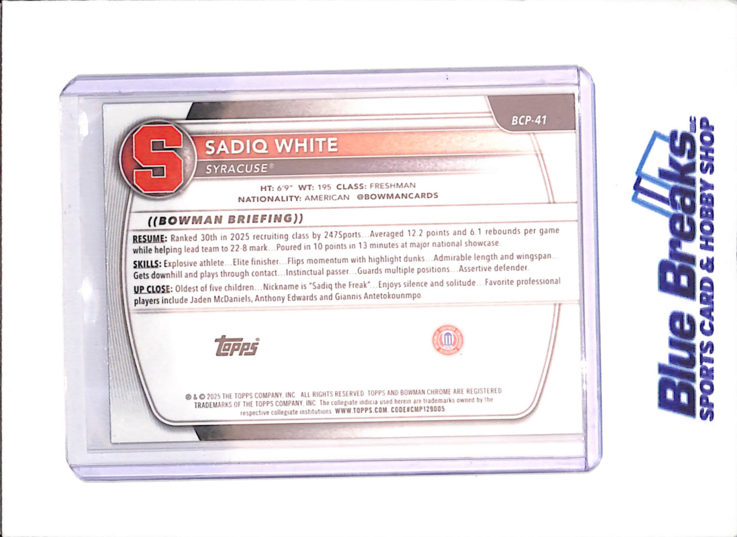 2025-26 Bowman U Chrome - Sadiq White - 1st Bowman - 63/100 - Syracuse - Basketball - #BCP-41