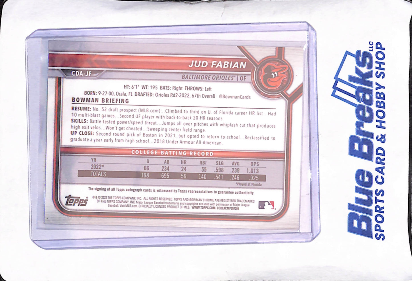 2022 Bowman Chrome - Jud Fabian - Aqua Lava Refractor - Bowman 1st Autograph - 175/199 - Baltimore Orioles - Baseball - #CDA-JF