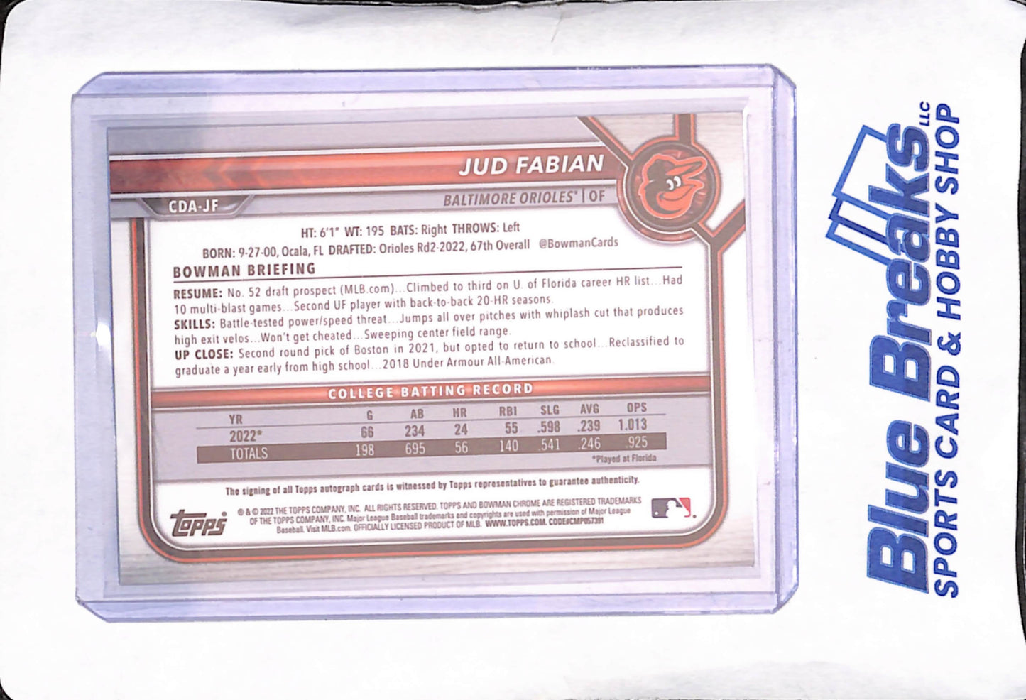 2022 Bowman Chrome Draft - Jud Fabian - 1st Bowman Autograph - Baltimore Orioles - Baseball - #CDA-JF