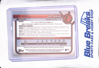 2022 Bowman Chrome Draft - Jud Fabian - Bowman 1st Autograph - 339/499 - Baltimore Orioles - Baseball - #CDA-JF