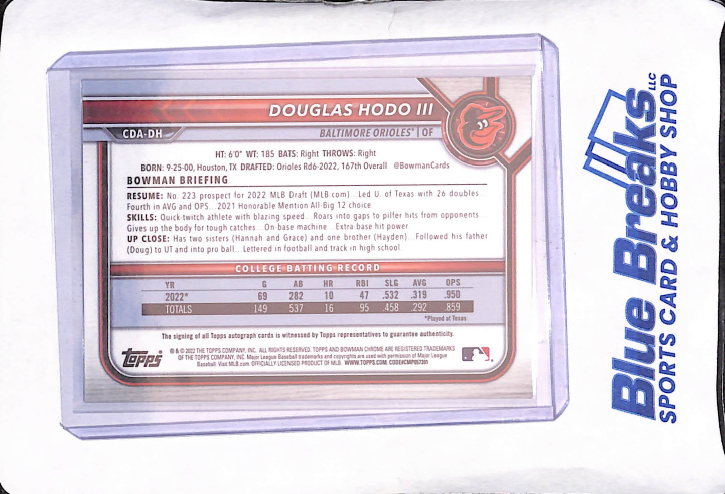 2022 Bowman Chrome Draft - Douglas Hodo III - Blue Bowman 1st Autograph - 49/150 - Baltimore Orioles - Baseball - #CDA-DH