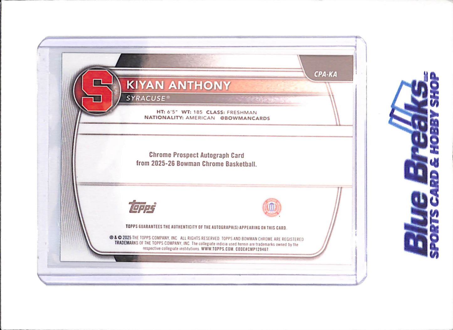 2025-26 Bowman U Chrome - Kiyan Anthony - Green Geometric - 1st Bowman Autograph - 68/99 - Syracuse - Basketball - #CPA-KA