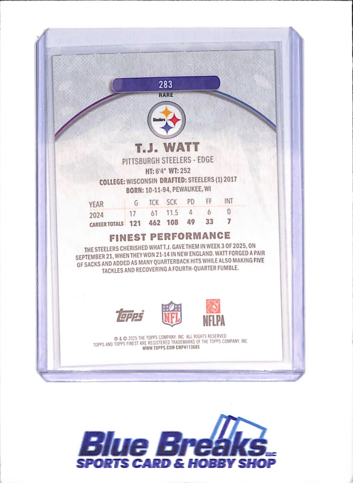 2025 Topps Finest - TJ Watt - Orange Geometric - 6/15 - Pittsburgh Steelers - Football - #283
