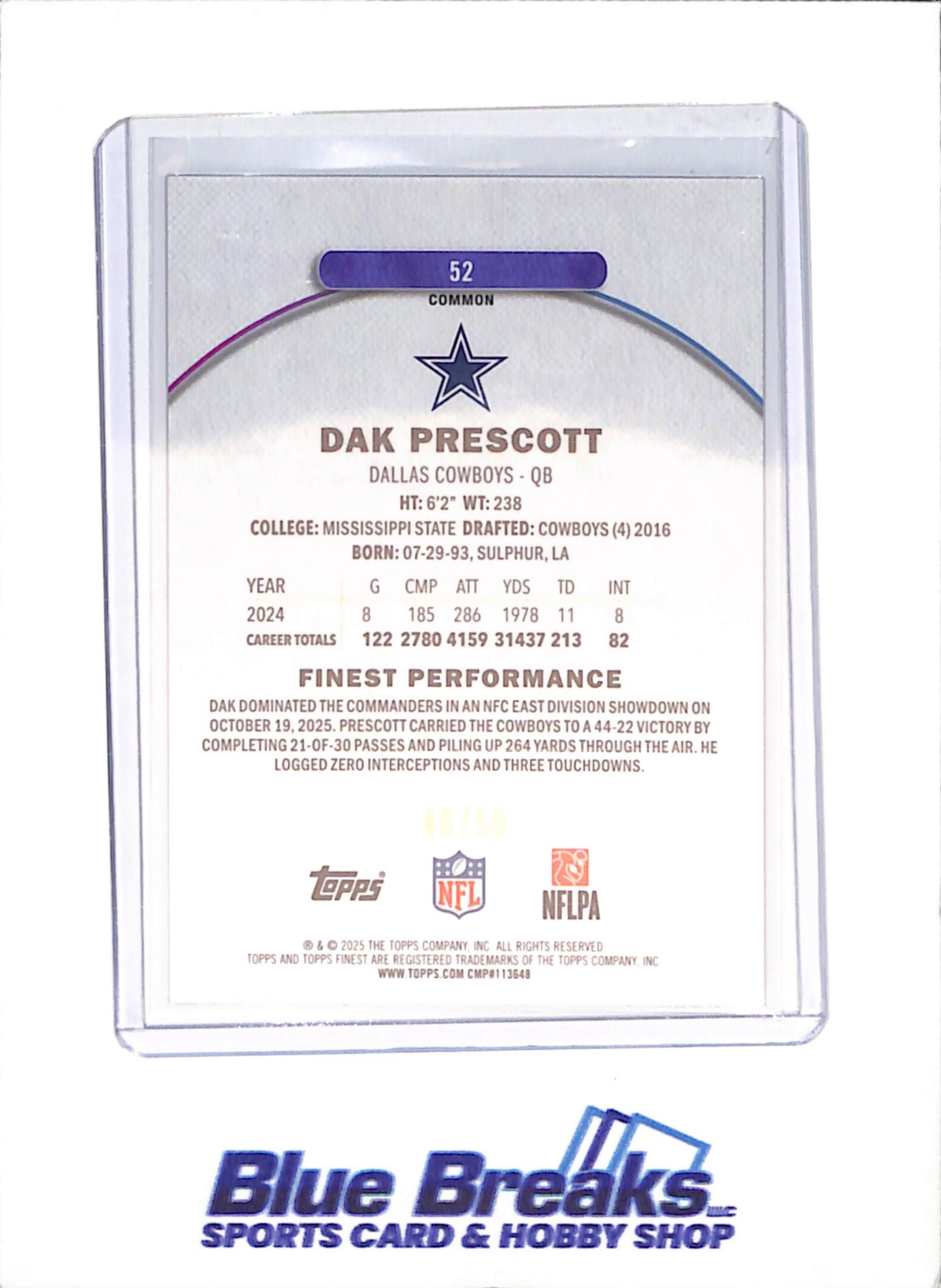 2025 Topps Finest - Dak Prescott - Gold Geometric - 46/50 - Dallas Cowboys - Football - #52