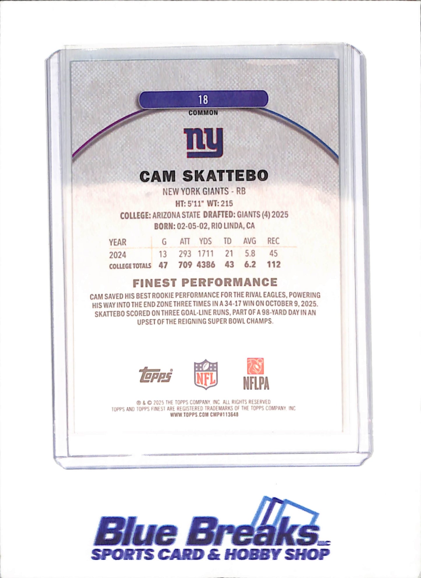 2025 Topps Finest - Cam Skattebo - Green Geometric - RC - 31/75 - New York Giants - Football - #18