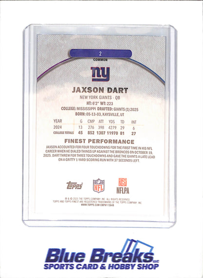 2025 Topps Finest - Jaxson Dart - Purple Geometric - RC - 94/150 - New York Giants - Football - #7