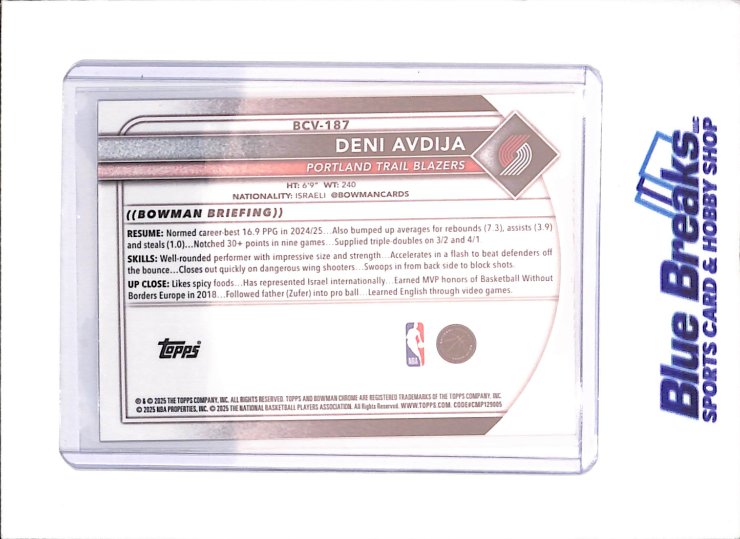 2025-26 Bowman Chrome Sapphire - Deni Avdija - Gold - 48/50 - Portland Trail Blazers - Basketball - #BCV-187